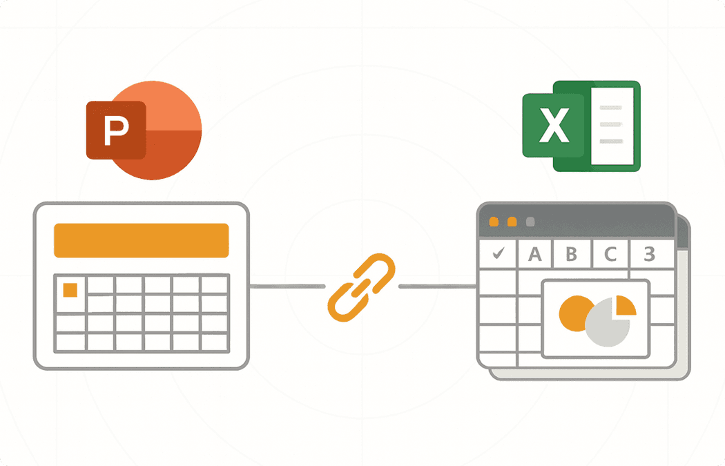Excel to PowerPoint integration showing automatic data synchronization and real-time updates