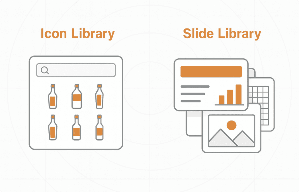 Collection of business icons and professional slide templates available in Slidely's built-in library