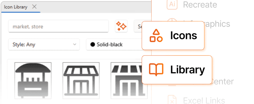 Collection of business icons and professional slide templates available in Slidely's built-in library