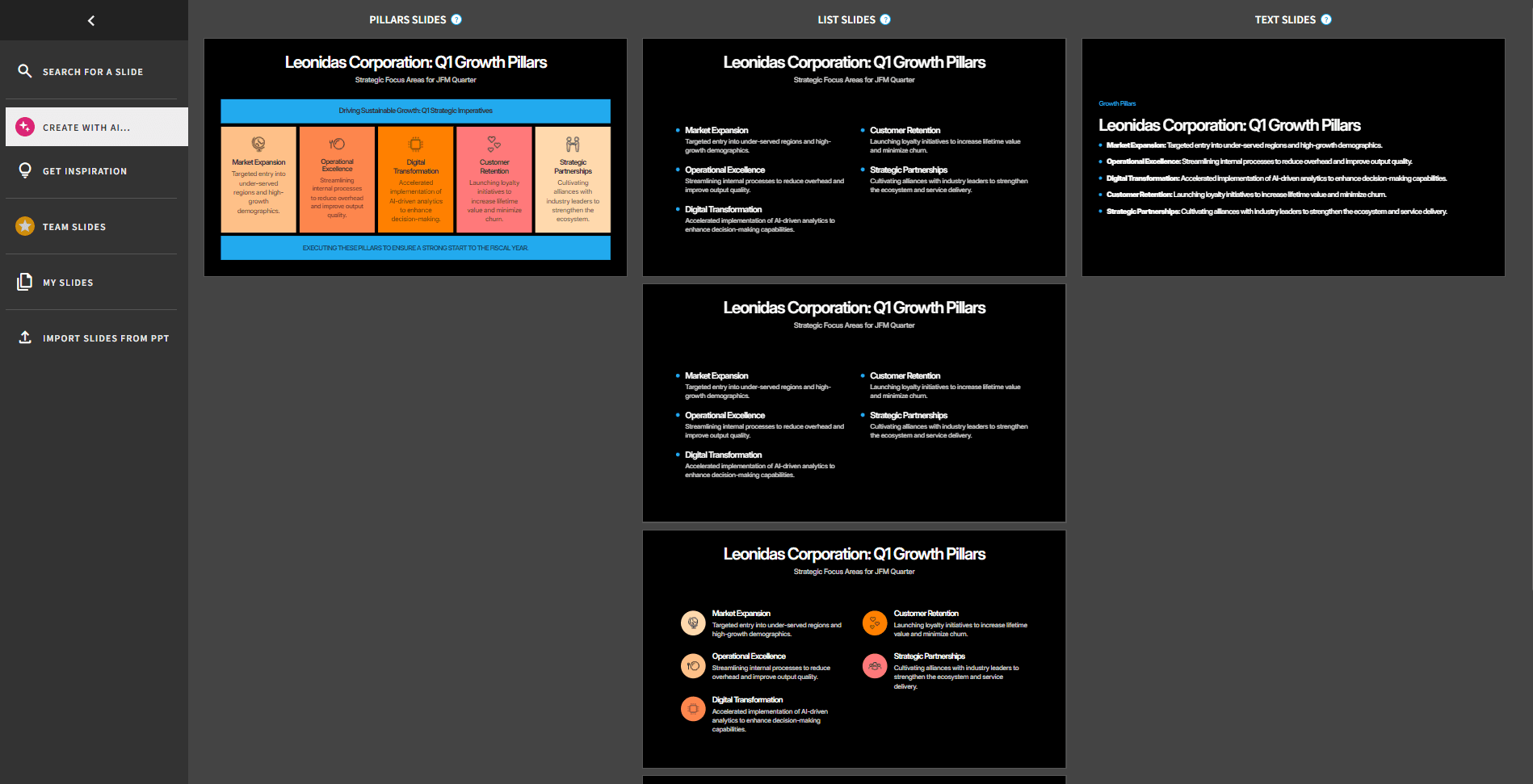 Beautiful.ai generated slide options from the supplied example