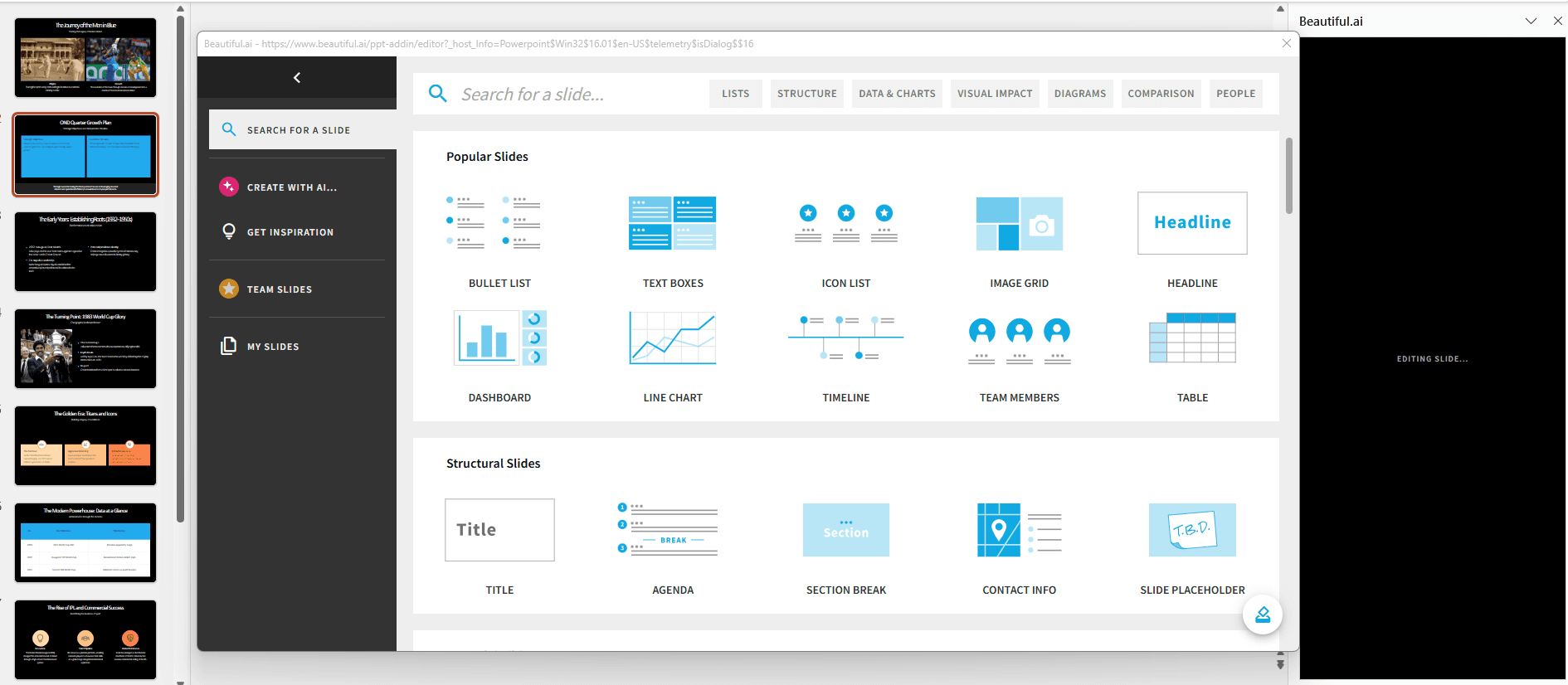 Beautiful.ai slide-layout interface used in the PowerPoint workflow