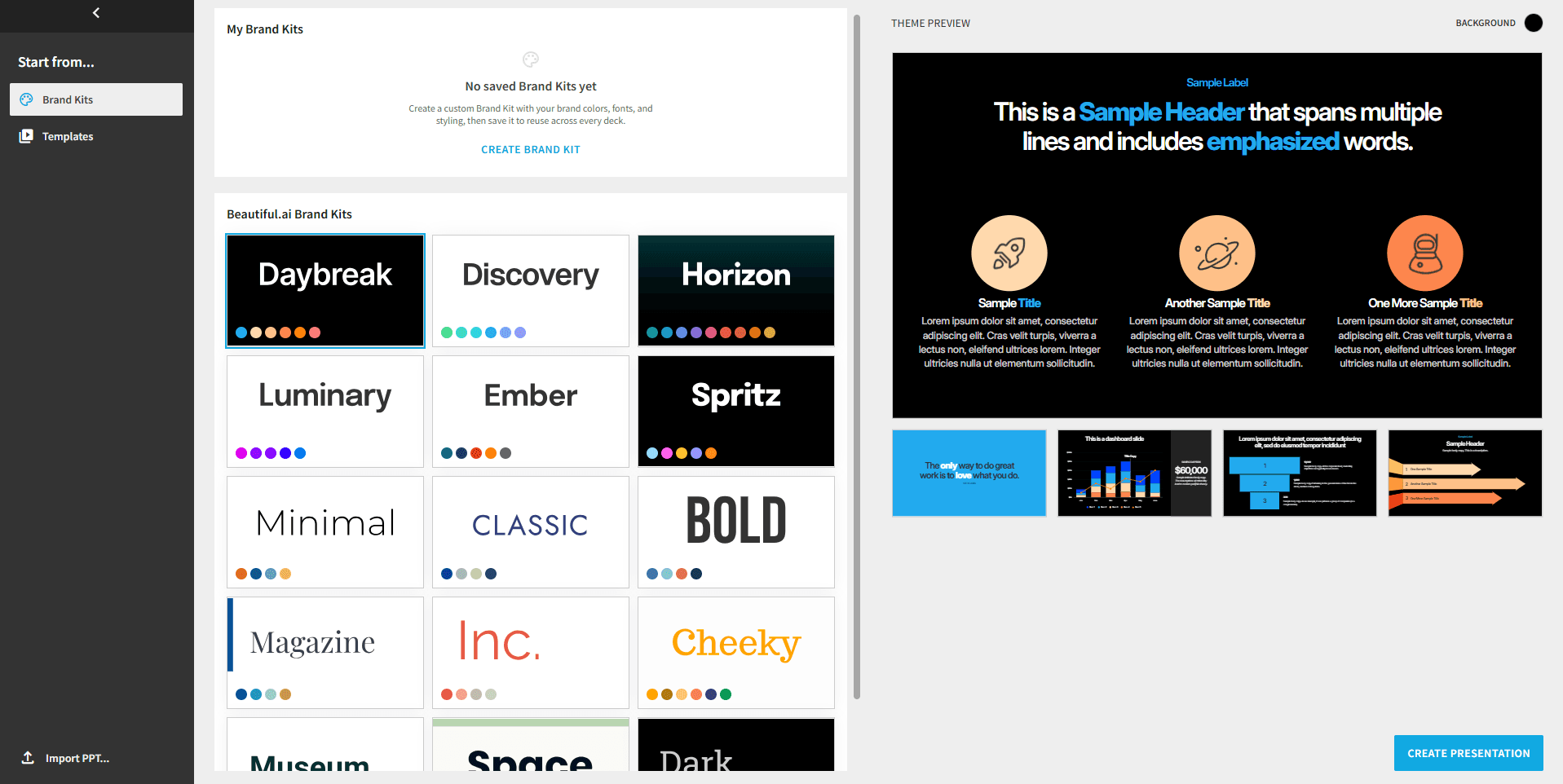 Beautiful.ai template and layout options