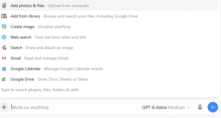 ChatGPT connected-service and tool menu