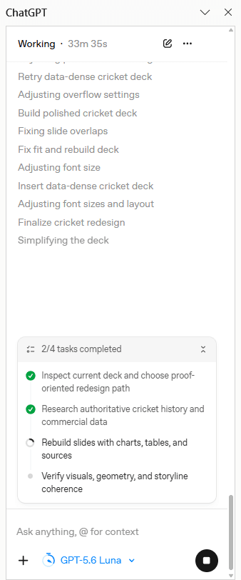 ChatGPT PowerPoint side panel showing task progress