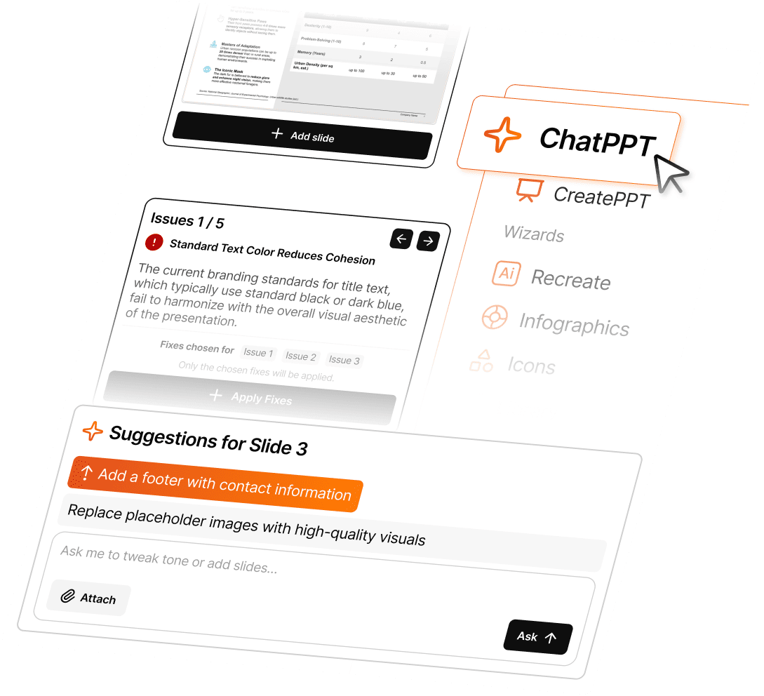 ChatPPT interface showing AI-powered slide editing and content refinement