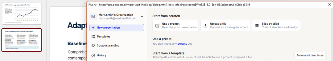Plus AI presentation starting options