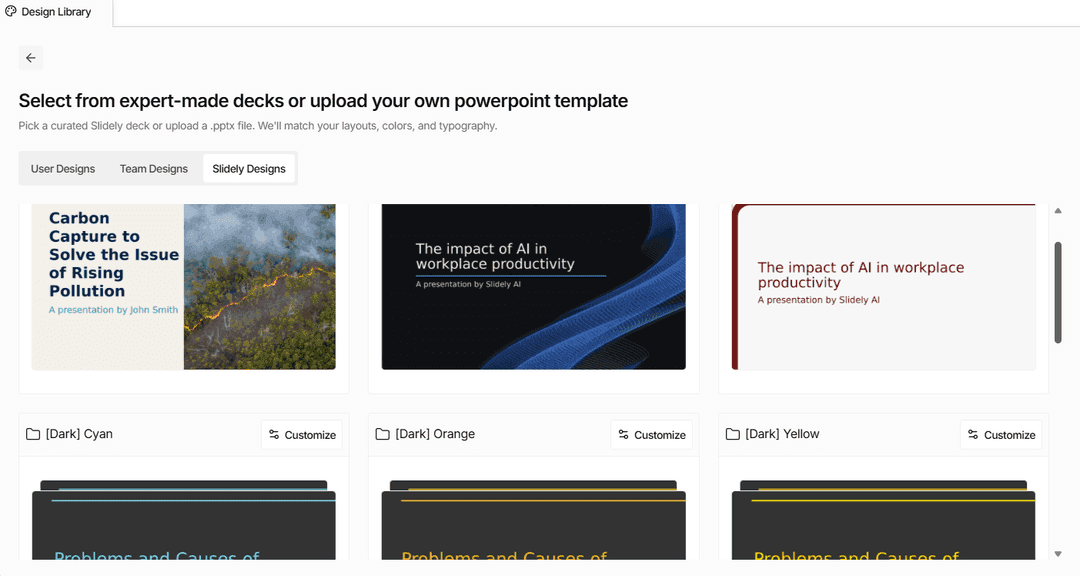 Slidely AI design library and PowerPoint templates