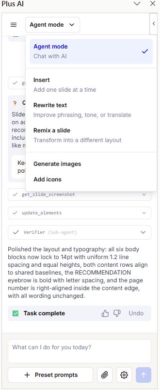 Plus AI Presentation Agent editing workflow
