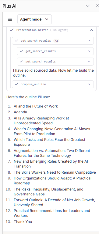 Plus AI Presentation Agent research and organization workflow