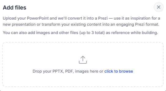 Prezi Add files screen for PPTX, PDF, and image references