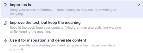 Prezi import choices for preserving or reinterpreting uploaded slides