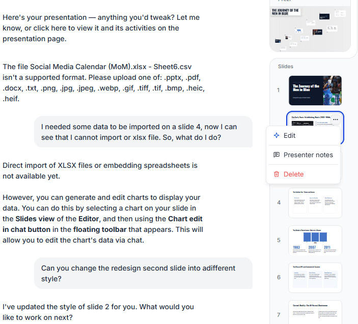 Prezi chat confirming a restyle of the second slide