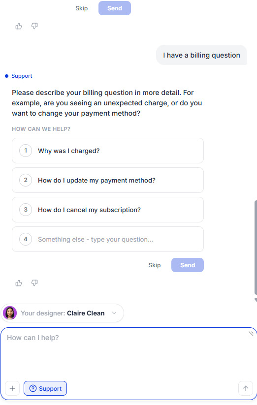 Prezi billing support options in the account interface
