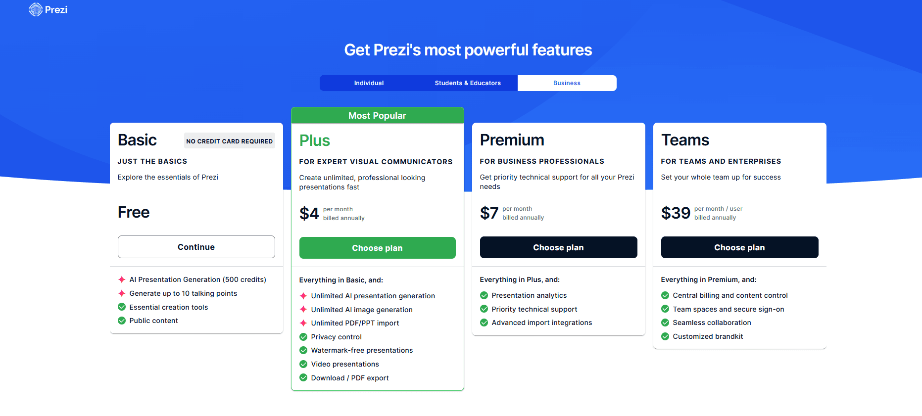 Prezi Teams plan showing account and brand controls