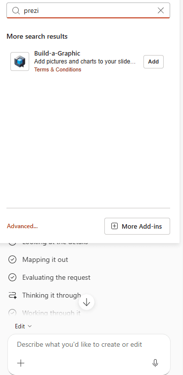 Prezi search results in PowerPoint’s add-in marketplace; no official add-in appears in this search.