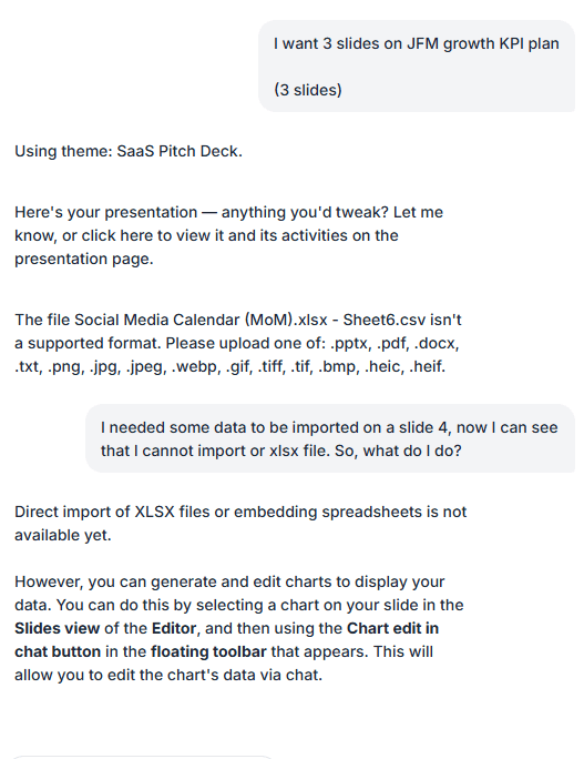 Prezi chat creating a three-slide KPI presentation