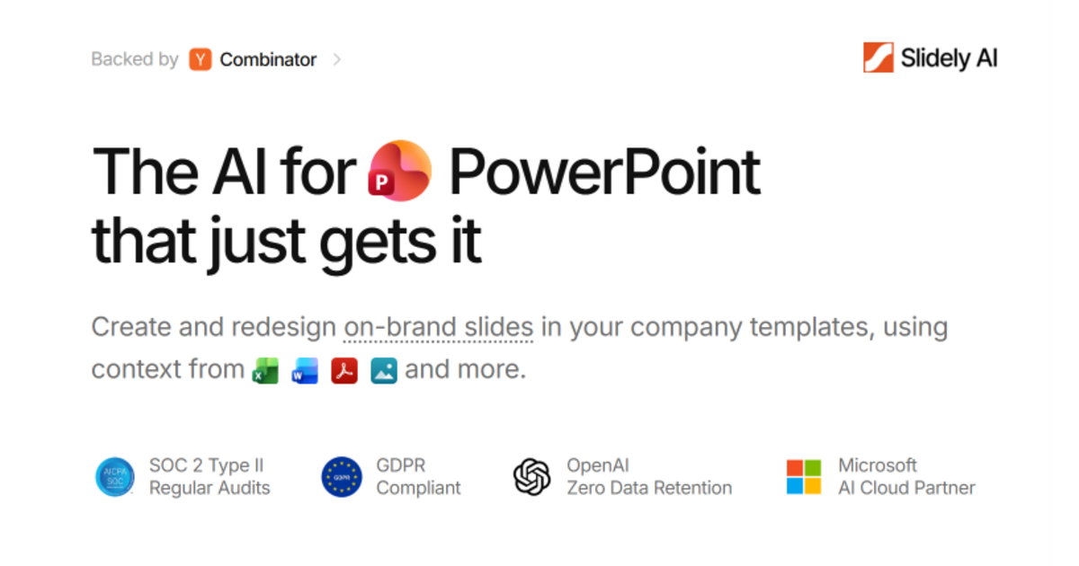 Screenshot of Slidely AI (backed by YC), PowerPoint AI agent that builds on-brand slides in your own templates